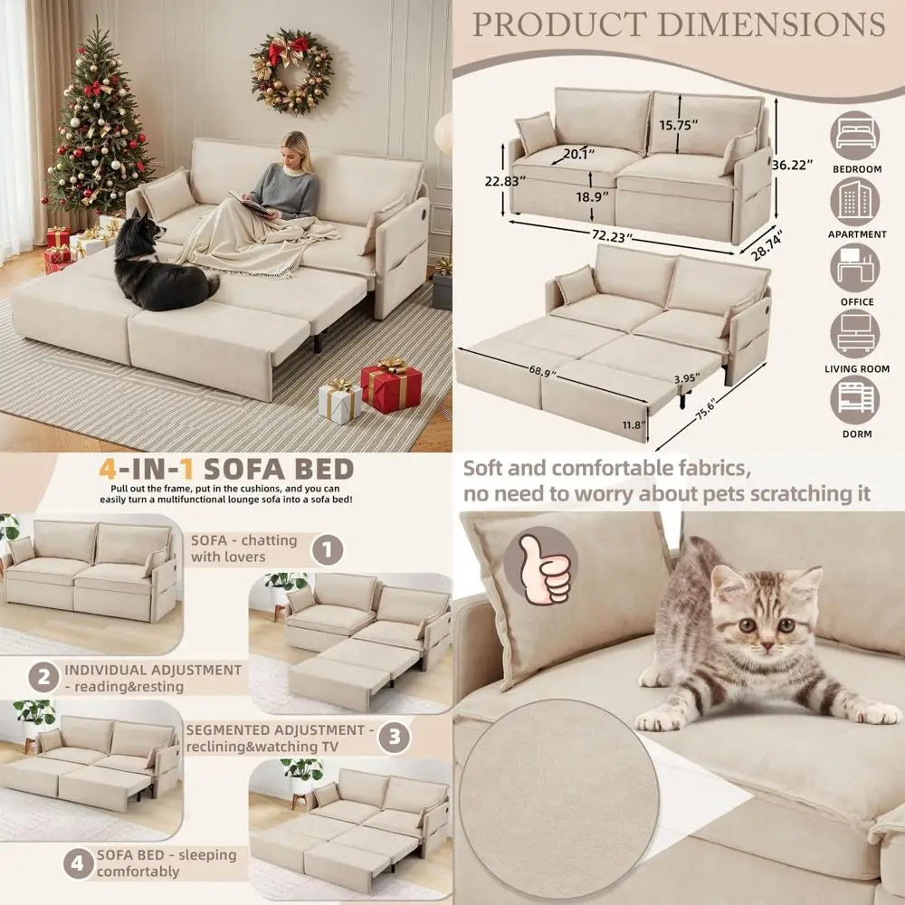 

Queen Size 4-in-1 Sofa Bed with Pull Out Sleeper Couch, USB Ports, and Side Pockets for Living Spaces and Apartments in Beige