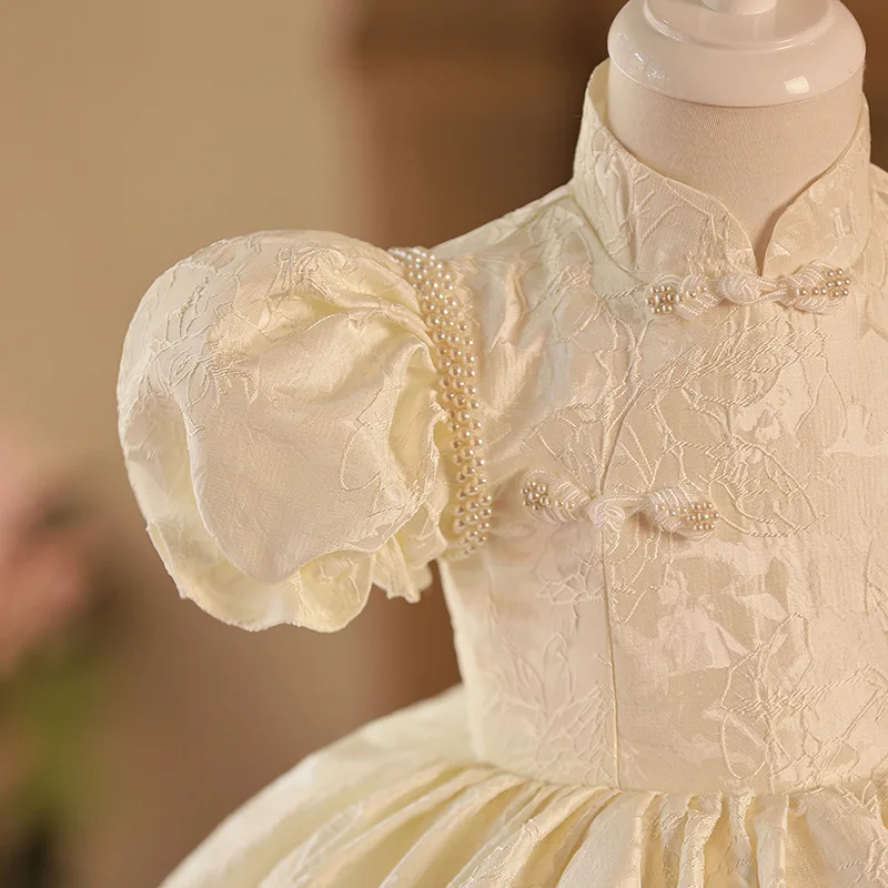 

Children's Dress Princess Dress White Piano Performance Costume Girl's Chinese Style First Birthday Dress Baby Girl Dress