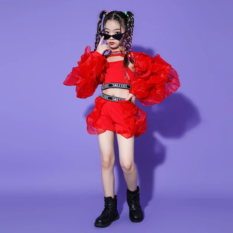 Disfraz de baile de Jazz para niña, traje de Kpop para adolescentes, ropa de escenario de actuación de Hip Hop, Tops de manga esponjosa roja,