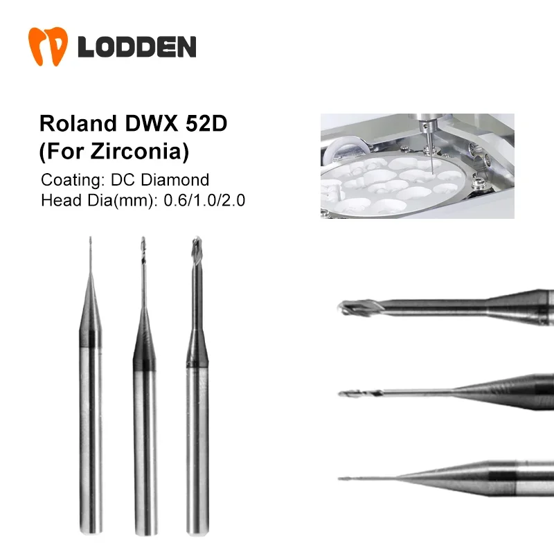 LODDEN Dental Milling Burs Roland DWX 52D For Zirconia D4 Shank DC Diamond Coating Diameter 2.0/1.0/0.6mm Drill