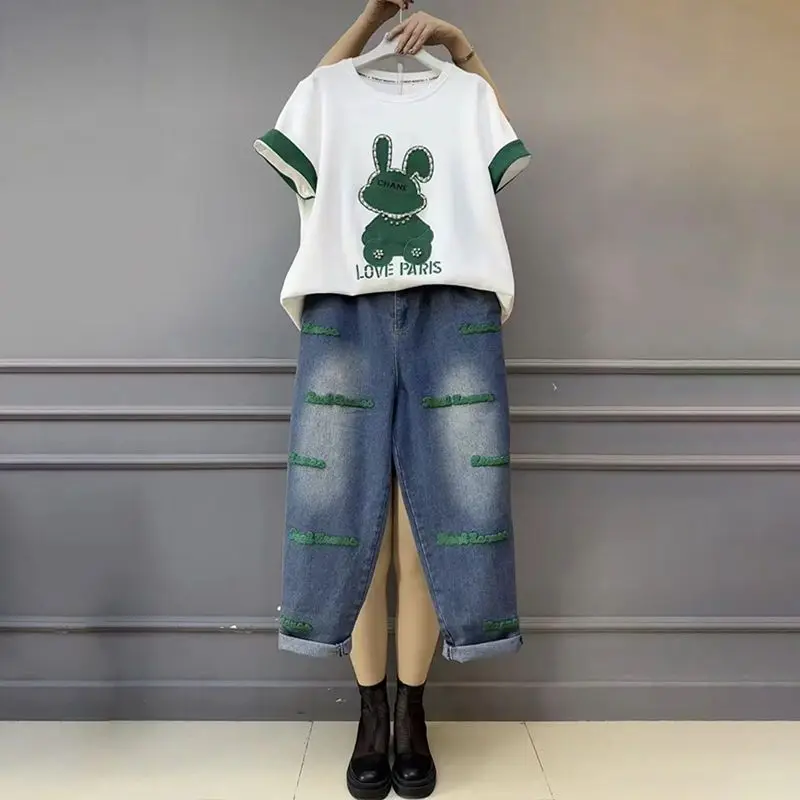 2024 Spring Oversized Women's New Cartoon T-shirt Women's Short Sleeved Casual Fashion Pants Casual Two-piece Set