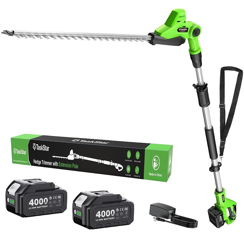 TaskStar Stiel-Heckenschere, kabellos, 50 cm, elektrische Strauch- und Buschschere mit 2,4 m Verlängerungsstiel, Heckenschere mit Doppelaktionsmesser, 2 x 4,0-Ah-Akkus, passend für Makita 18-V-Akkus