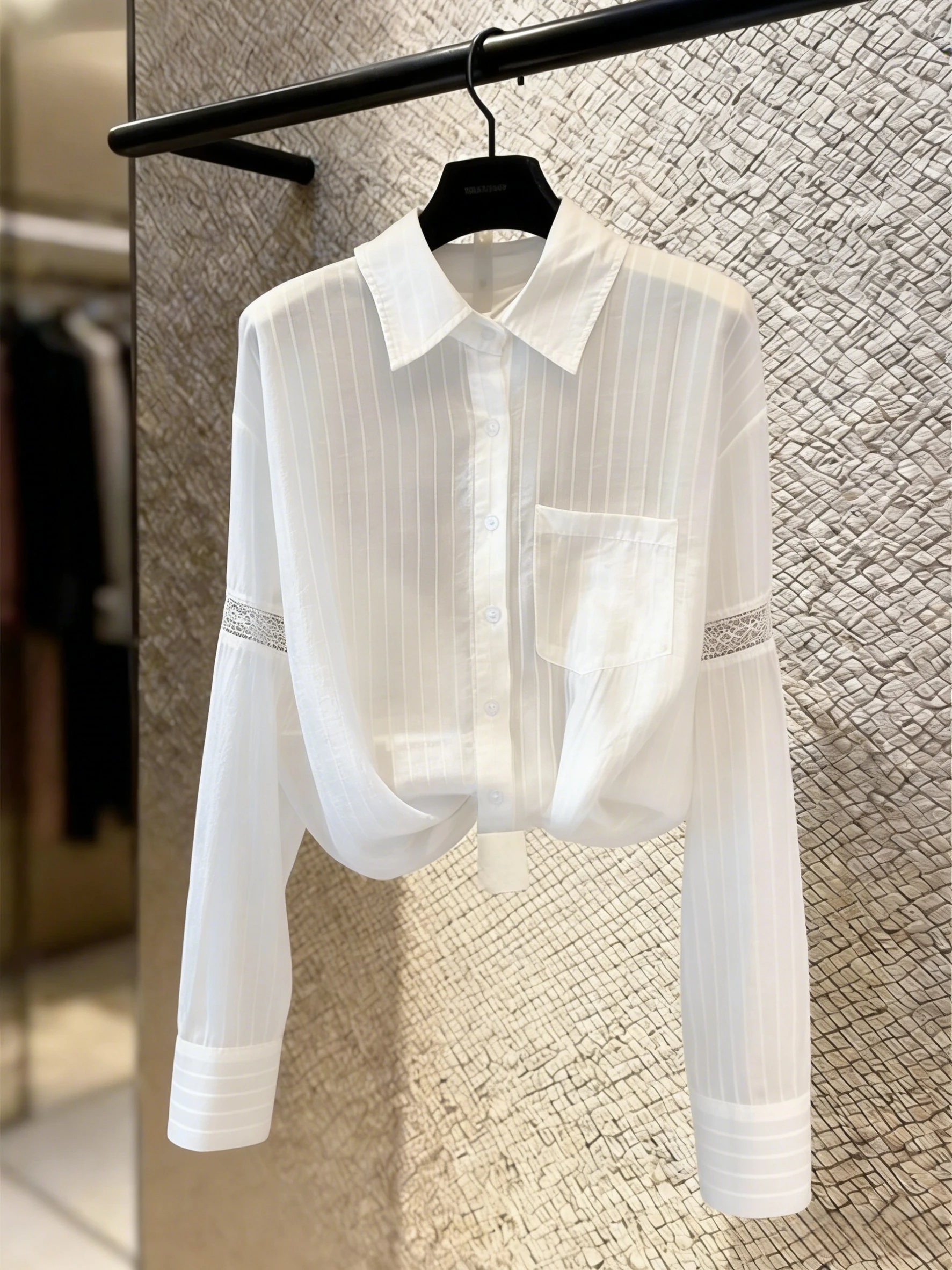 

Sun Protection Lace Hollow out Loose Fit Lightweight Summer Shirt Women's Open Cardigan Striped Pattern Cotton Long Sleeve