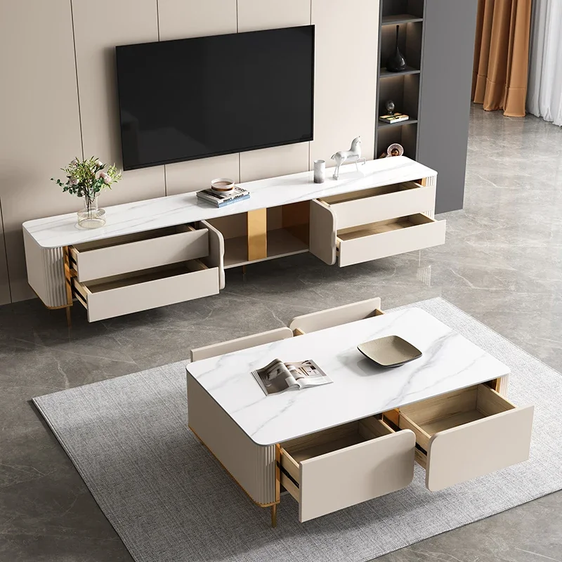 

A Modern Luxury Wooden Coffee Table Set TV Cabinet With Drawer Marble Tea Table for Living Room Furniture