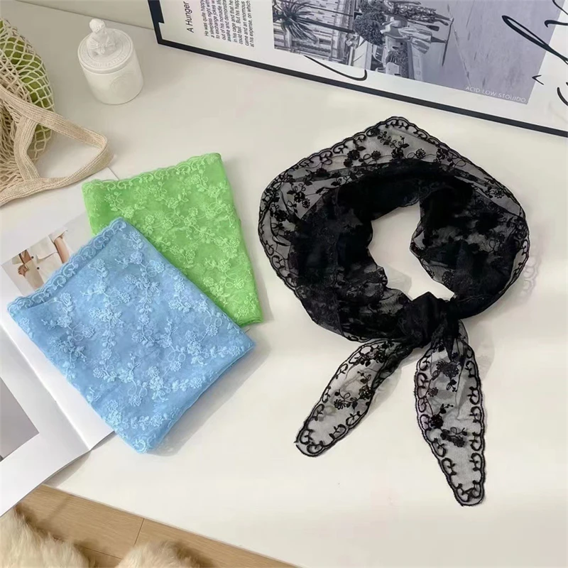 Women Lace Triangle Scarf Sweet Girls Sunscreen Scarf Spring Summer French Beach Style Hair Tie Vintage Female Lady Muslim Hijab