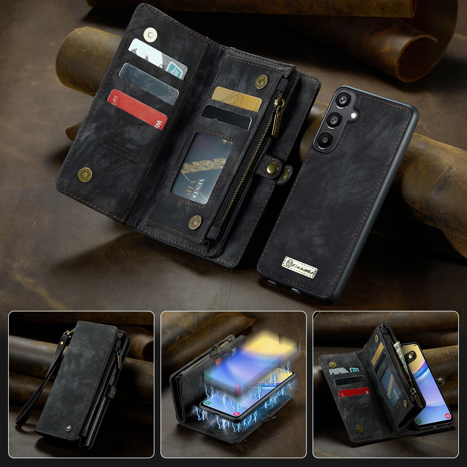 Carteira de couro para Samsung Galaxy A15, proteção retro luxuosa, tampa do telefone comercial