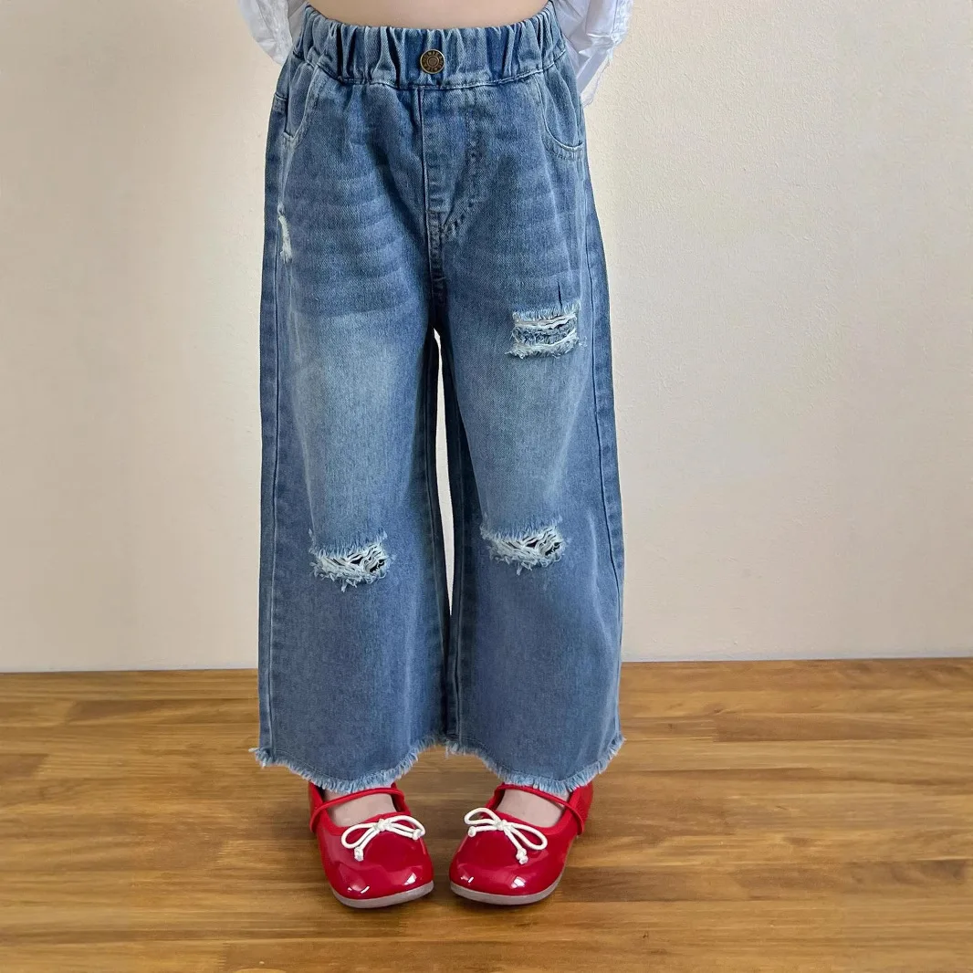 Korean children's clothing for girls summer sweet ruffled edges spliced small fly sleeves shirt frayed edges ripped jeans