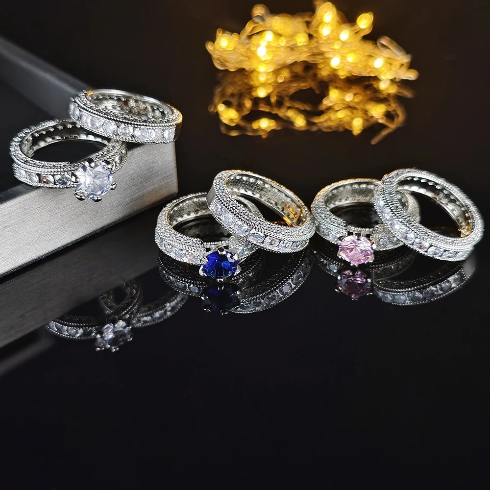 2024 New silver color bride Luxury Bold Big Wedding Rings Set For Bridal Women Engagement Finger Bold Party Gift Jewelry R4428