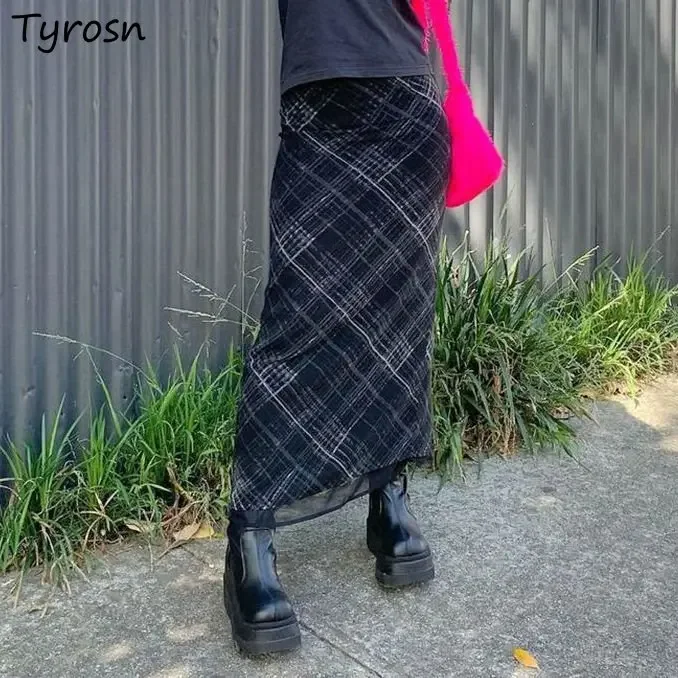 

Maxi Plaid Skirts Women Mesh Patchwork Preppy American Retro Style Elegant High Waist Sexy Kawaii Harajuku Vestidos Ropa Mujer