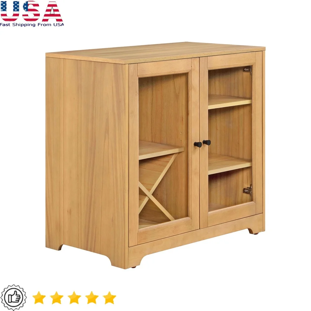 Natural Oak Bar Cabinet Solid Wood Frame Adjustable Shelves Removable Wine Storage Easy Assembly Modern Farmhouse Design Durable