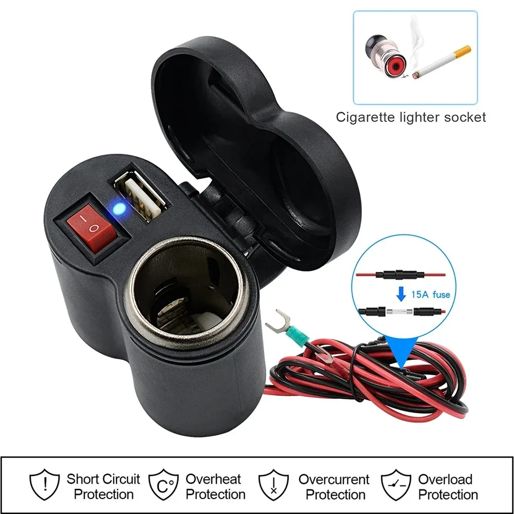 5V 2A Motorcycle USB Charger Cigarette Lighter Socket with On Off Switch Waterproof Handlebar Power Supply Adapter Mobile Phone