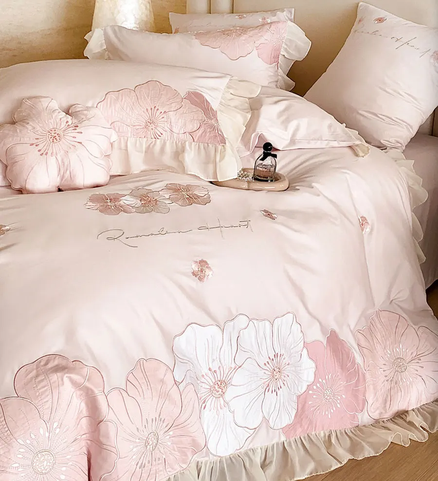 Romantic sweet pink embroidery flower bedding set,full queen king lovely cotton home textile bed sheet pillow case quilt cover