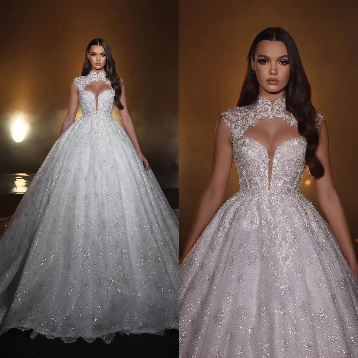 

Luxury Wedding Dress Ball Gown High Neck Appliques Sequins Sleeveless Floor-Length Princess Bride Vestido De Noiva Custom Made