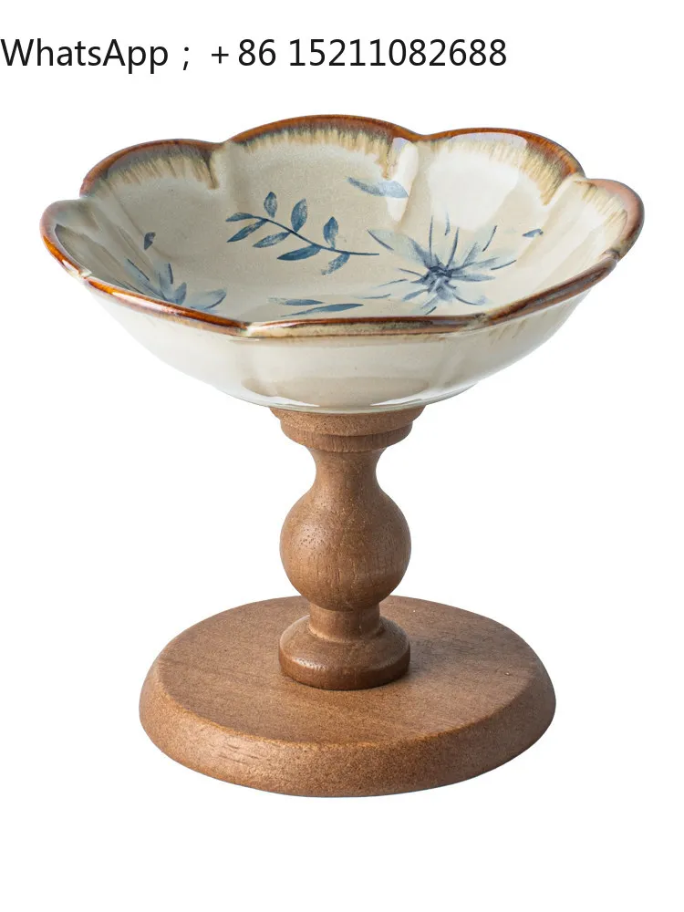 SCY flower pattern fruit plate high value ceramic fruit plate wooden high foot plate living room exquisite home decoration