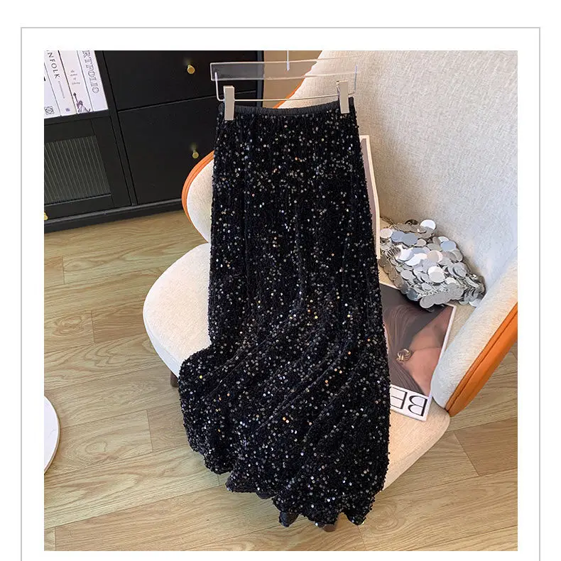 

American sequined velvet fishtail skirt women's autumn and winter new temperament hip skirt flash drill in the long skirt.