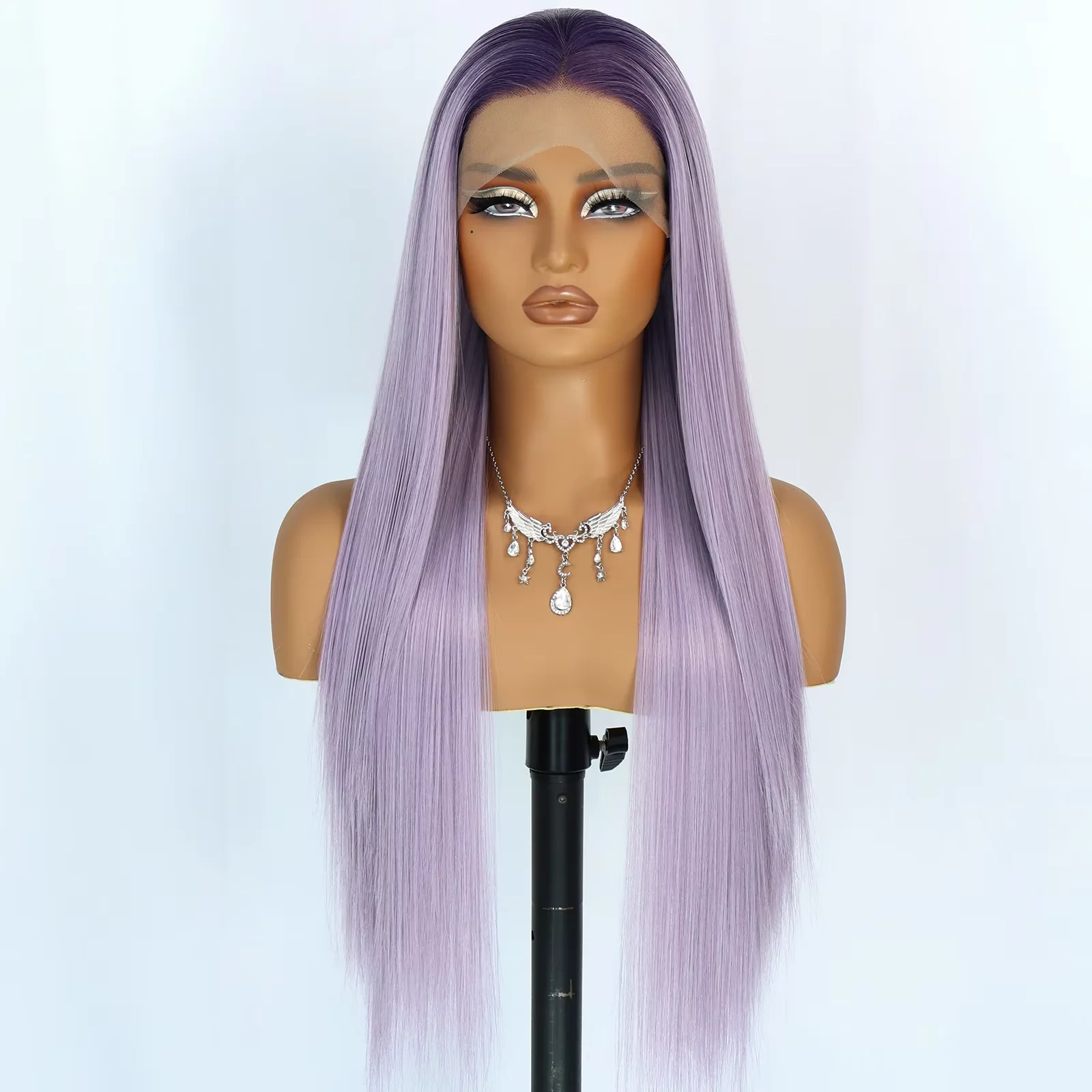 28 Inch Ombre Dark Purple Lavender Synthetic Lace Front Wig 13x4 HD Lace 180% Density Glueless Long Straight Wig for Black Women Heat Resistant