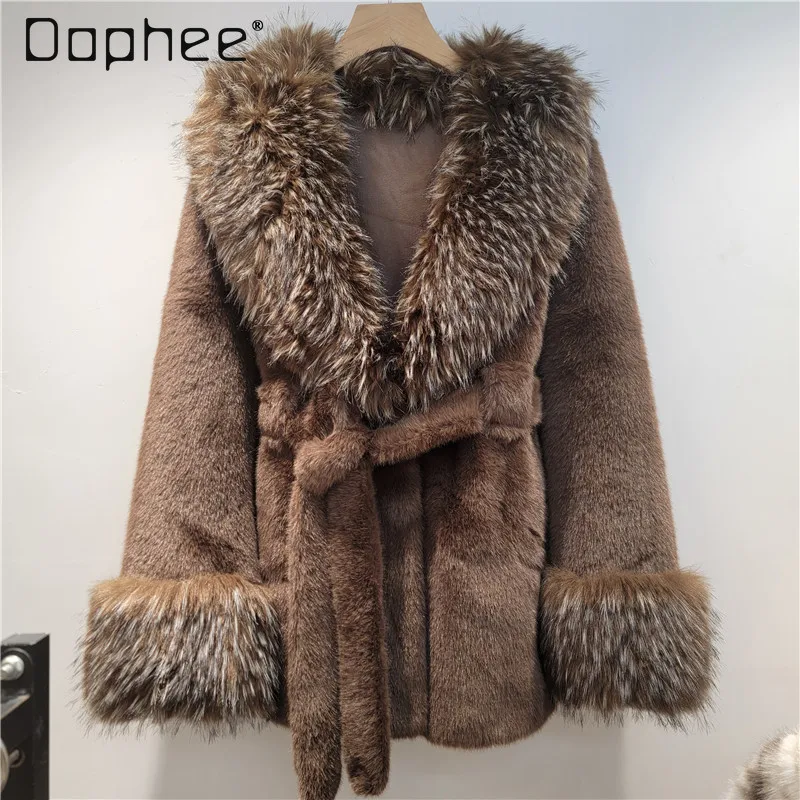 겨울 신상 우아한 사교계 친환경 모피 코트 여성용 인조 여우털 칼라 V넥 긴팔 두꺼운 따뜻한 코트