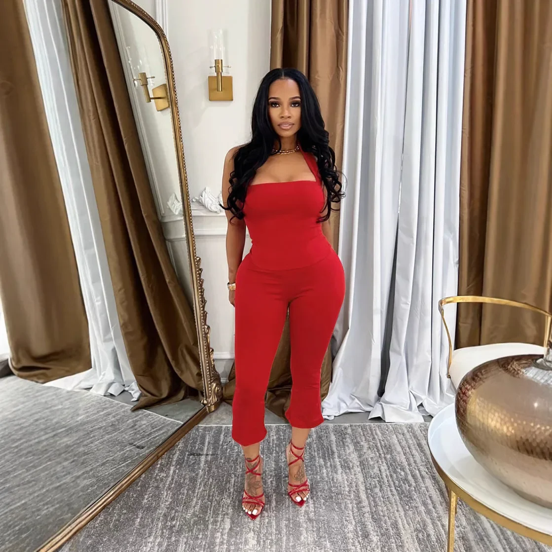 

Fitness Women's Set Sleeveless Halter Tops and Calf-Length Flare Pants 2025 Summer Two 2 Piece Sets Outfit Tracksuits