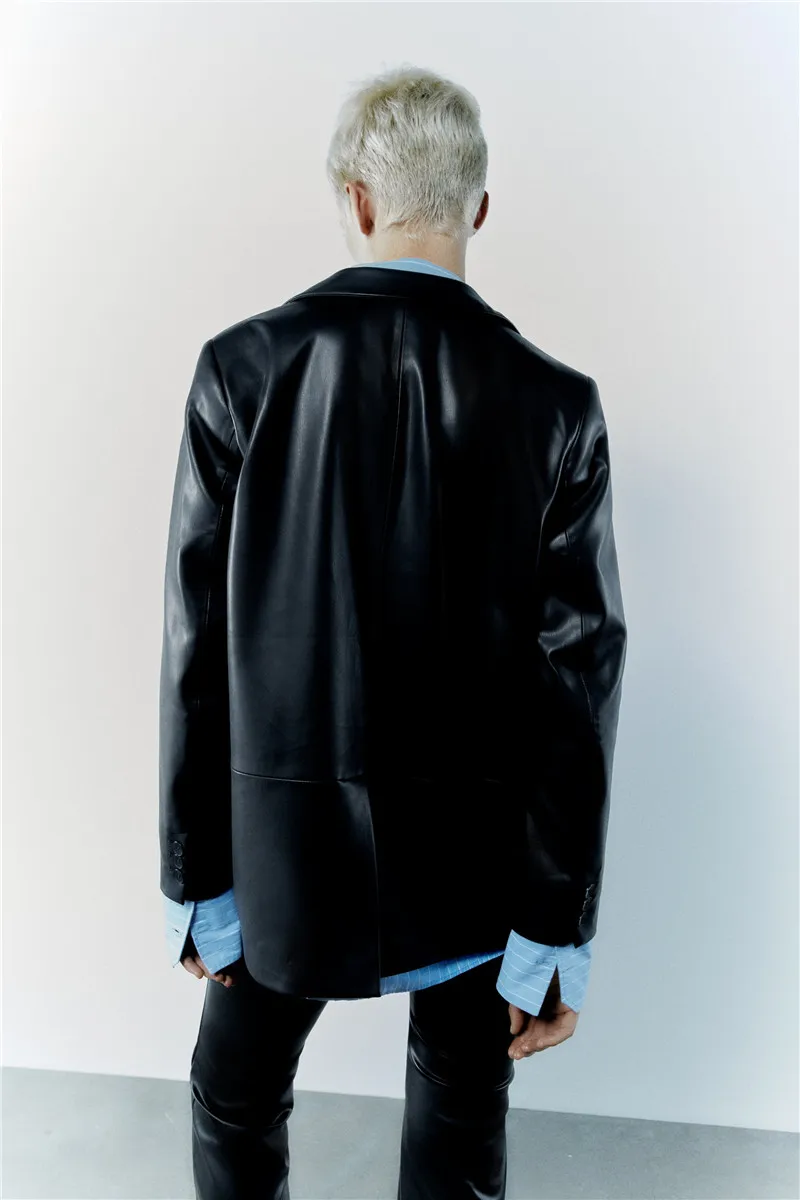 

Повседневный женский костюм Bla из искусственной кожи нейтрального цвета, Jaet 2023, модный свободный крой, длинный свеч, застежка на одной пуговице