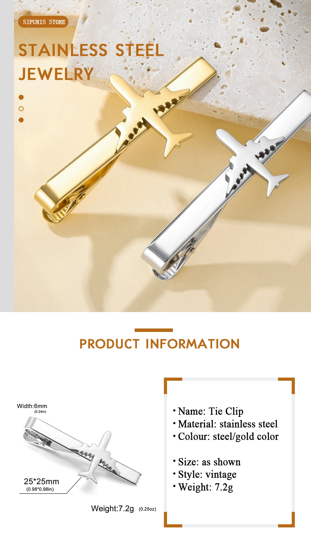 Sipuris Flugzeug-Krawattenklammer für Männer und Frauen, Edelstahl, modische Krawattennadel, Charm, trendiger Schmuck, Accessoire, Geschenk. – Detail 5