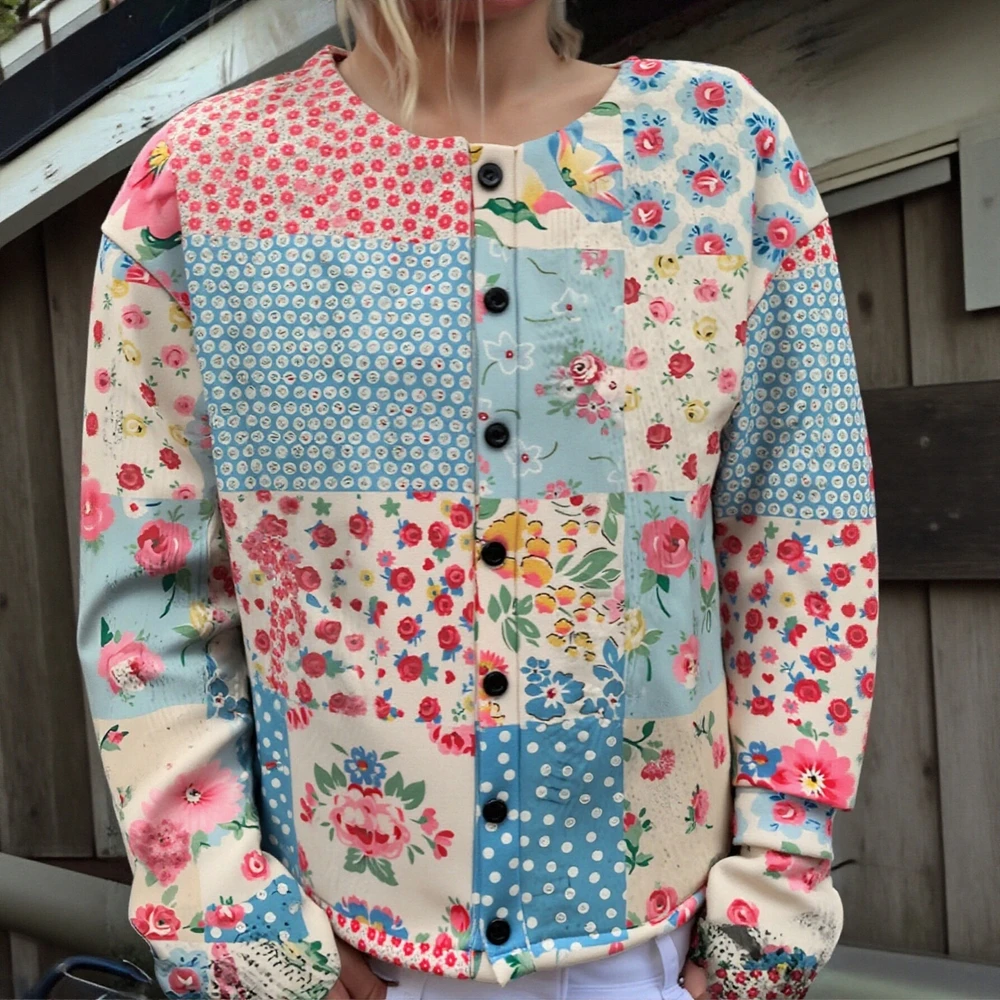 

Women's Floral Jacquard Cardigan Open-Front Contrast Rib Trim Autumn Winter Fashion Outerwear