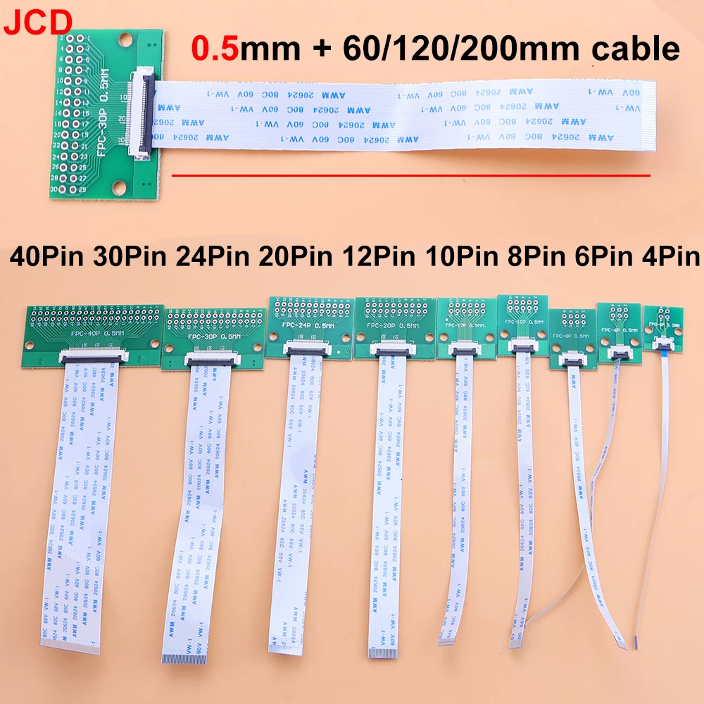 1set FFC/FPC Connector + 0.5mm Pitch 60/120/200mm Length FFC Cable 4Pin 6Pin 8Pin 10Pin 12Pin 20Pin 24Pin 30Pin 40Pin
