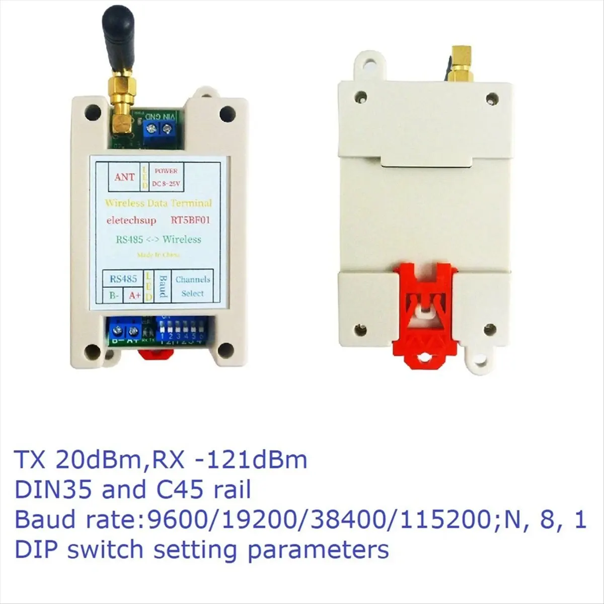 ABME DC 12V 24V Din Rail DIP Switch RS485 Wireless Transceiver 20DBM -121dBm UART Transmitter and Receiver Modbus RTU Module