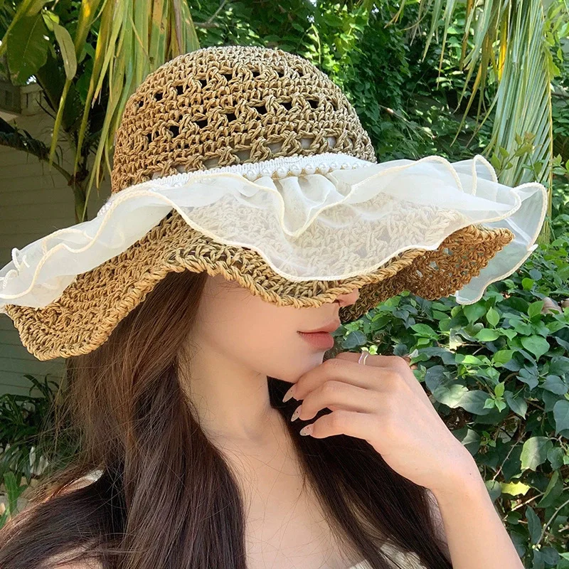 1 Stück Damen-Häkel-Stroh-Eimerhut – bunter Sonnenhut mit Perlen, trendige Sommer-Strand-/Outdoor-Reise-Kopfbedeckungshüte für Damen – Detail 6