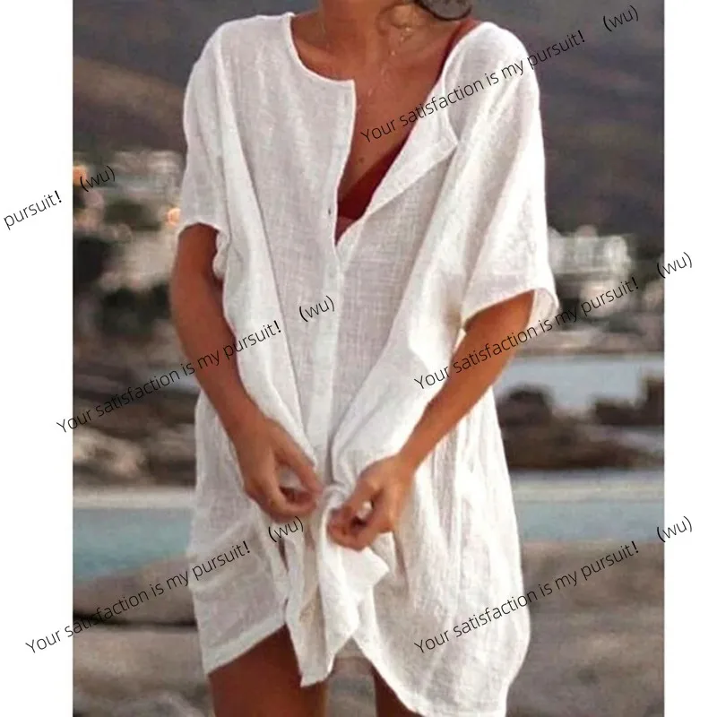 ZOCI-Women's cotton and linen long shirt, summer short sleeved solid color button up shirt, casual shirt, retro oversized size