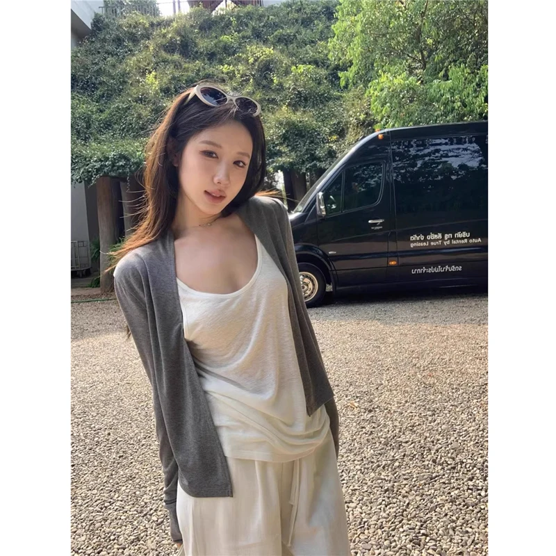 

Ladies' Black Knitted Open Cardigan Light Summer Sunscreen Outerwear Vest Strap Set Simple Style Casual Fashion Outerwear