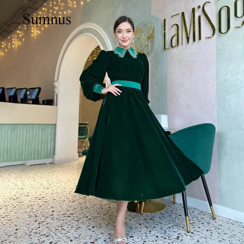 

Sumnus Emerald Green Long Sleeve A Line Evening Dresses Beads Neck Tea Length Prom Party Dress with Pockets Women Formal Gowns