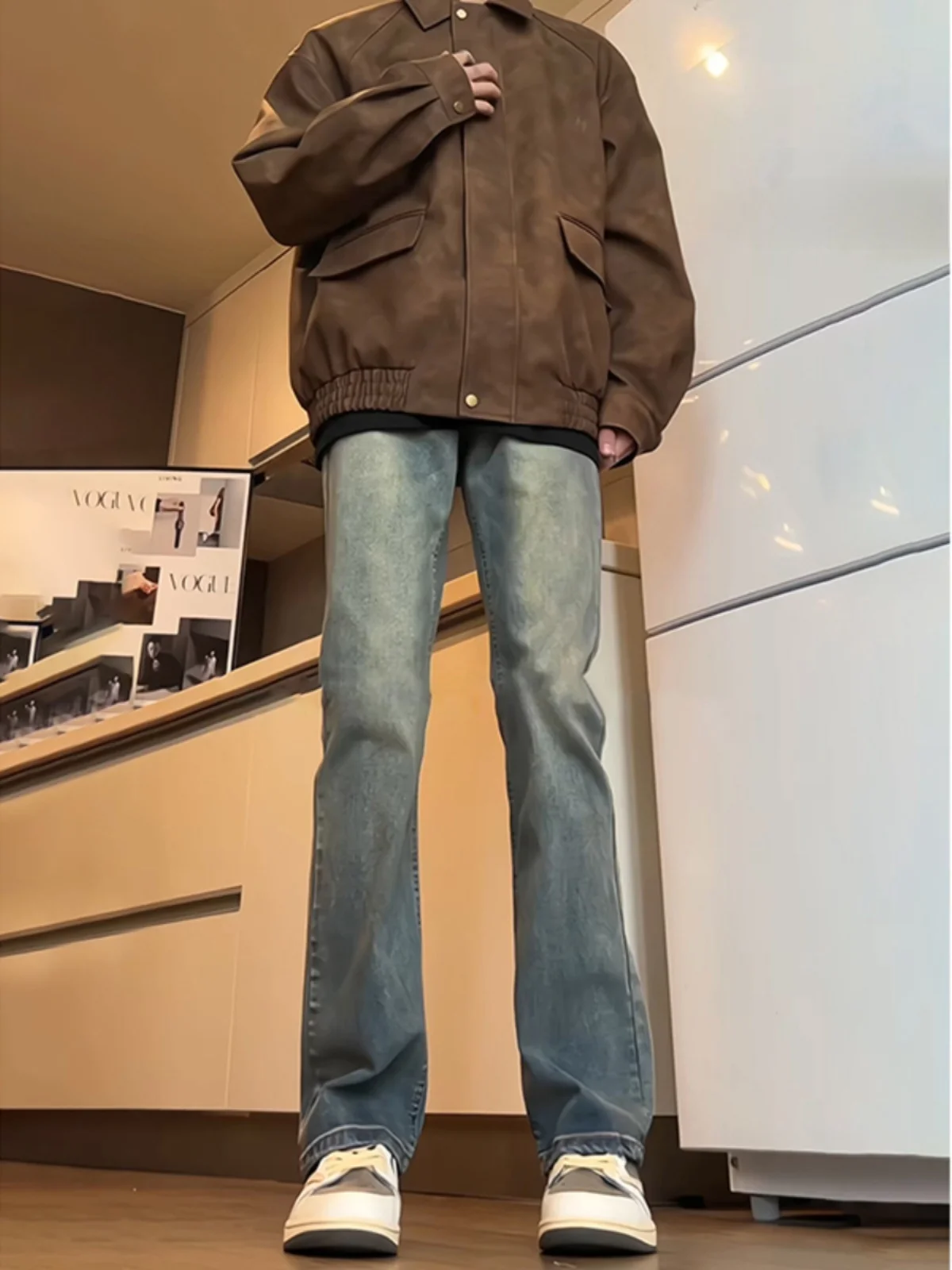 

American Retro Blue Bamboo Fiber Denim Jeans Men's Straight Leg High Waist Micro Flared Pants Youth Trend Spring Wear