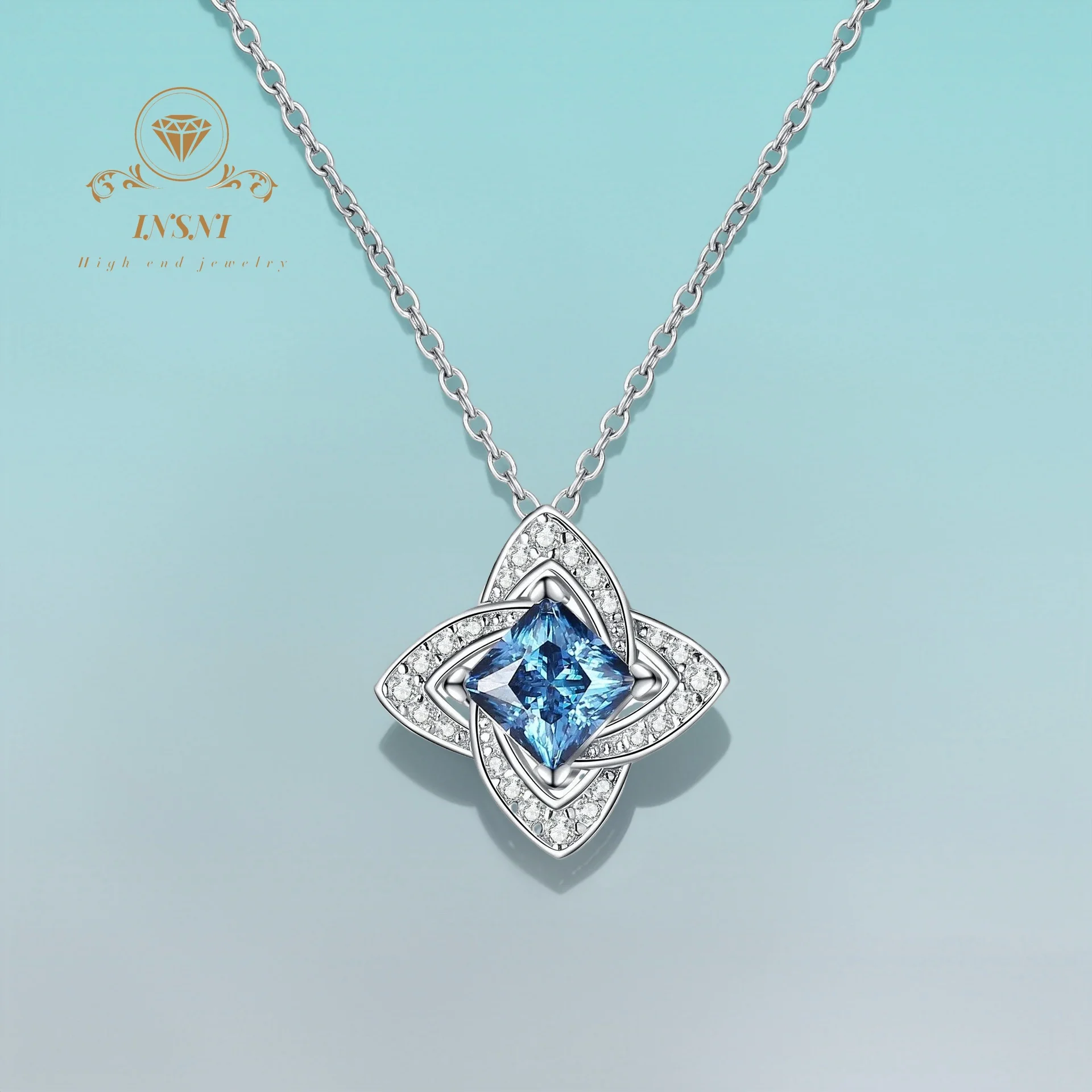 

0.5CT Moissanite Lock Bone Chain S925 Sterling Silver Blue Stone Quad-Leaf Pendant Luxury Elegance Certified Gift Non-allergic