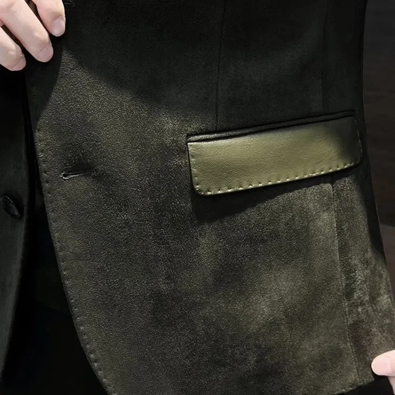 Spring Autumn Fashion Long Sleeve Turn-down Collar Patchwork Solid Deer Skin Blazers Men's Clothing Korean Pockets Button Tops