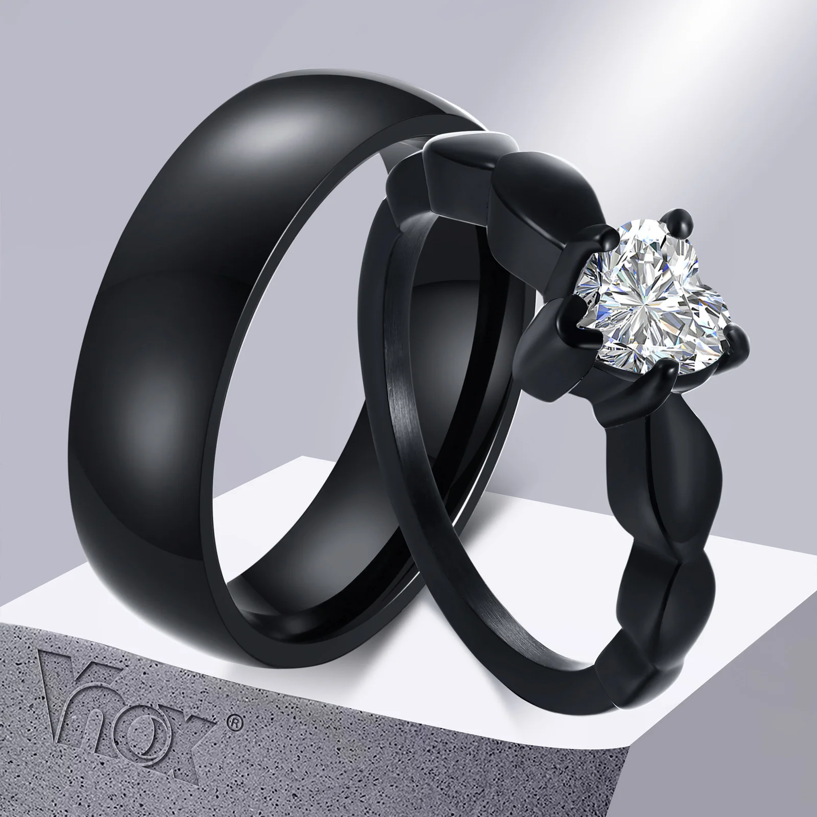 Vnox Romantic Heart CZ Stone Couple Wedding Rings for Women Men Black Color Stainless Steel Bands Engagement Jewelry  Love Gift