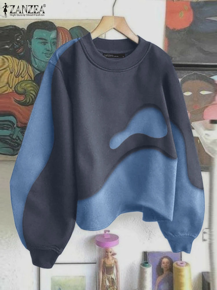 

ZANZEA Women Autumn Colorblock Sweatshirts Casual Loose Lantern Long Sleeve Hoodies Leisure Simple Round Neck Knitted Pullovers