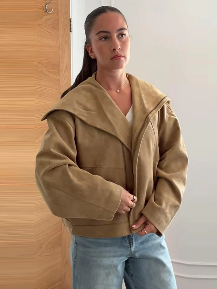 Damen-Wildlederjacken mit Revers, seitlicher Knopfleiste, langen Ärmeln und Reißverschluss, Herbstjacken für Damen, einfarbige, lockere Jacke, modische neue Oberbekleidung. – Detail 1