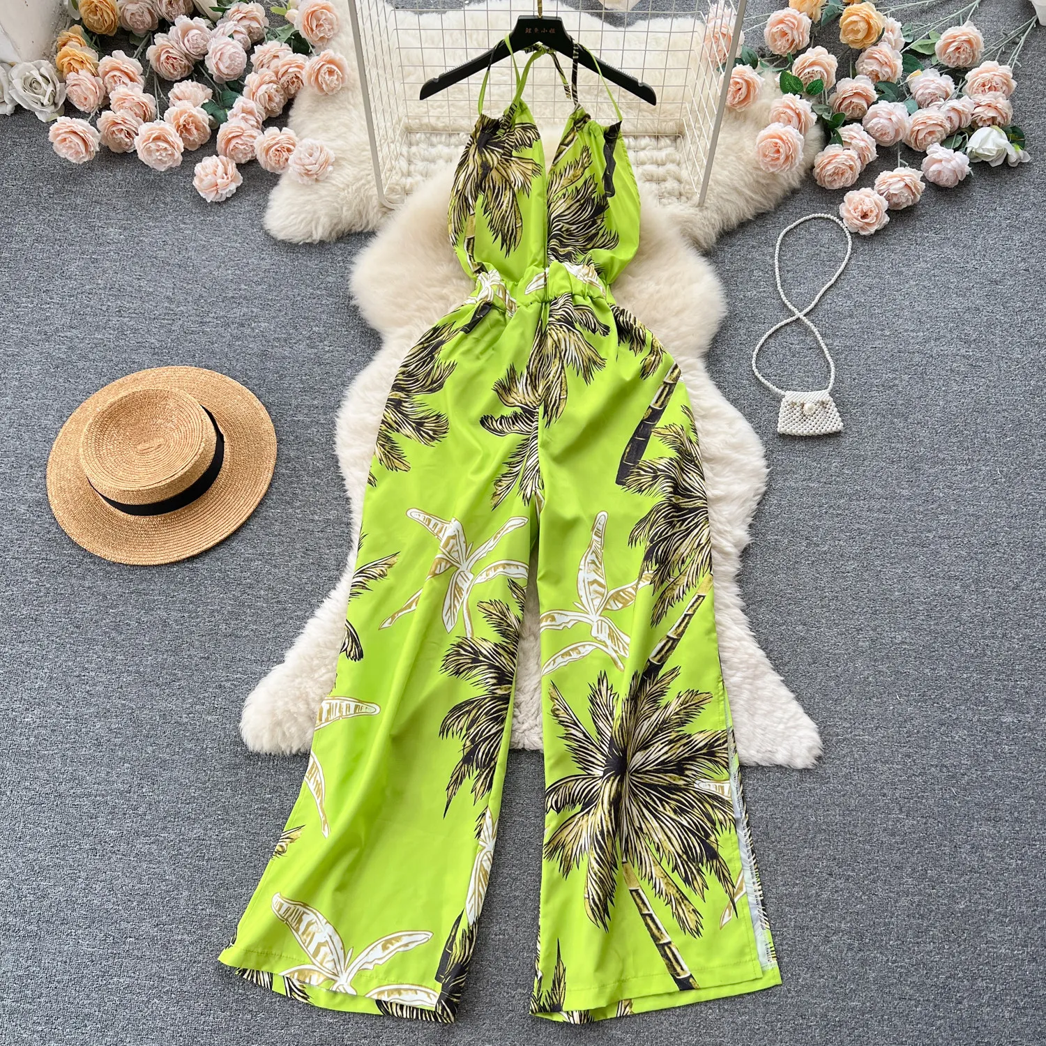 

Bohemian Vacation Style Women's Jumpsuit Printed Neck Hanging Backless Trousers Casual Loose High Waisted Slit Wide Leg Pants