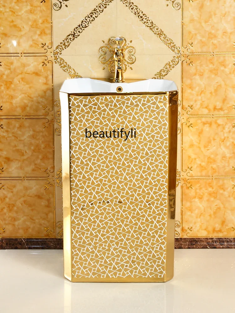 European-Style Pedestal Basin Integrated Wash Basin Hotel Column Washbasin Ceramic Gold Floor-Standing Inter-Platform Basin