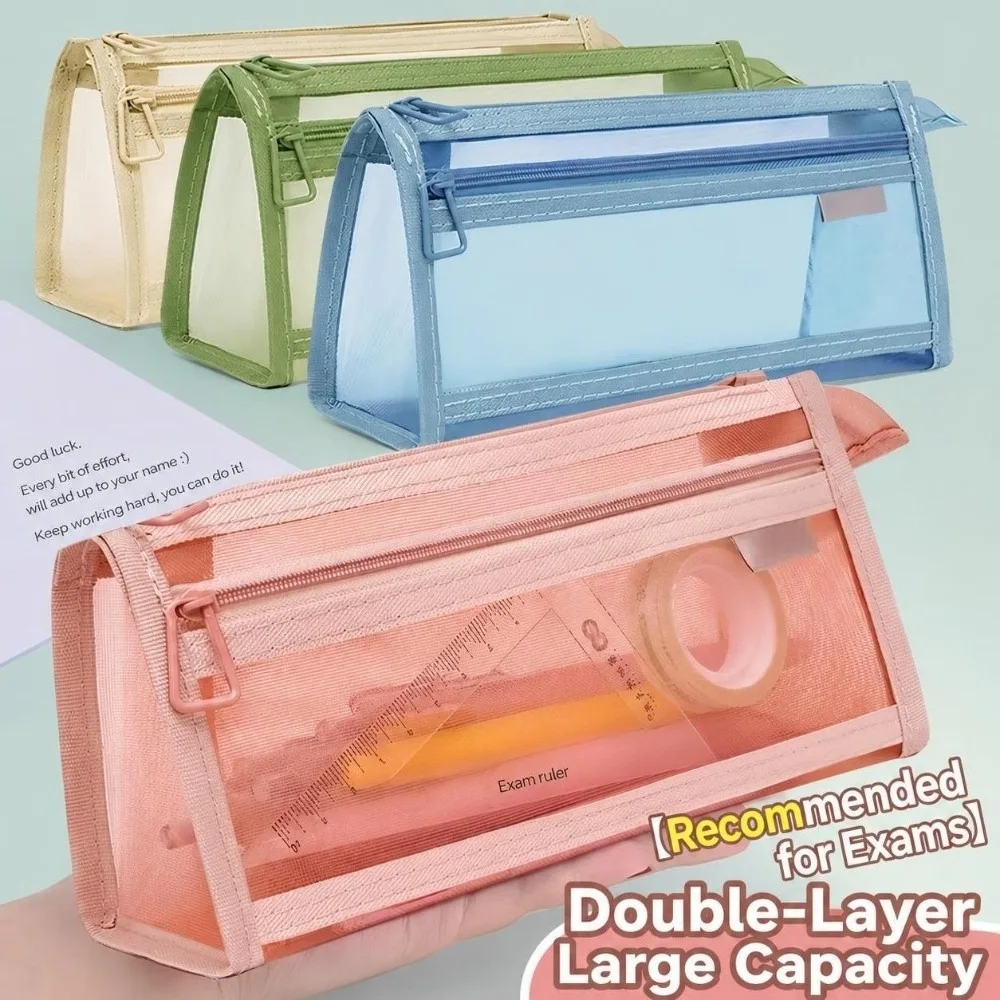 Durable Mesh Pencil Case Double Layers Transparent Pen Bag Large Capacity Pencil Pouch Back To School