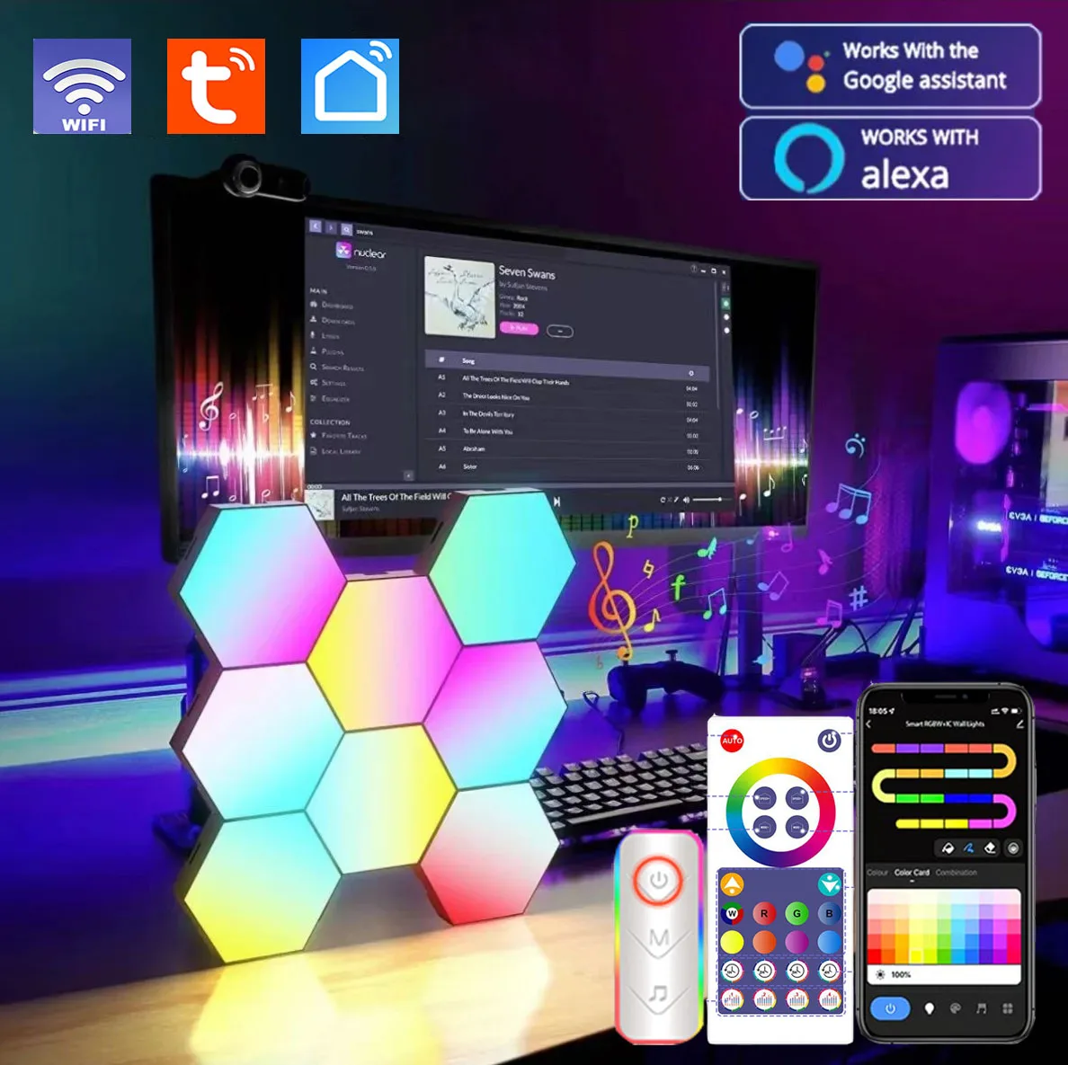 Rgb Intelligente Zeshoekige Wandlamp Kleurveranderende Omgevingslicht Dyi-Vorm Muziek Ritme App Controle Voor Speelkamer Slaapkamer