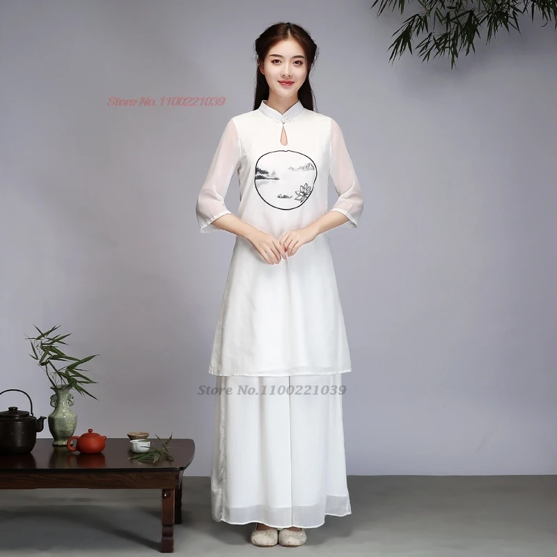 2024 traditional chinese vintage set improved hanfu retro tea service meditation set national flower print qipao tops+pants set