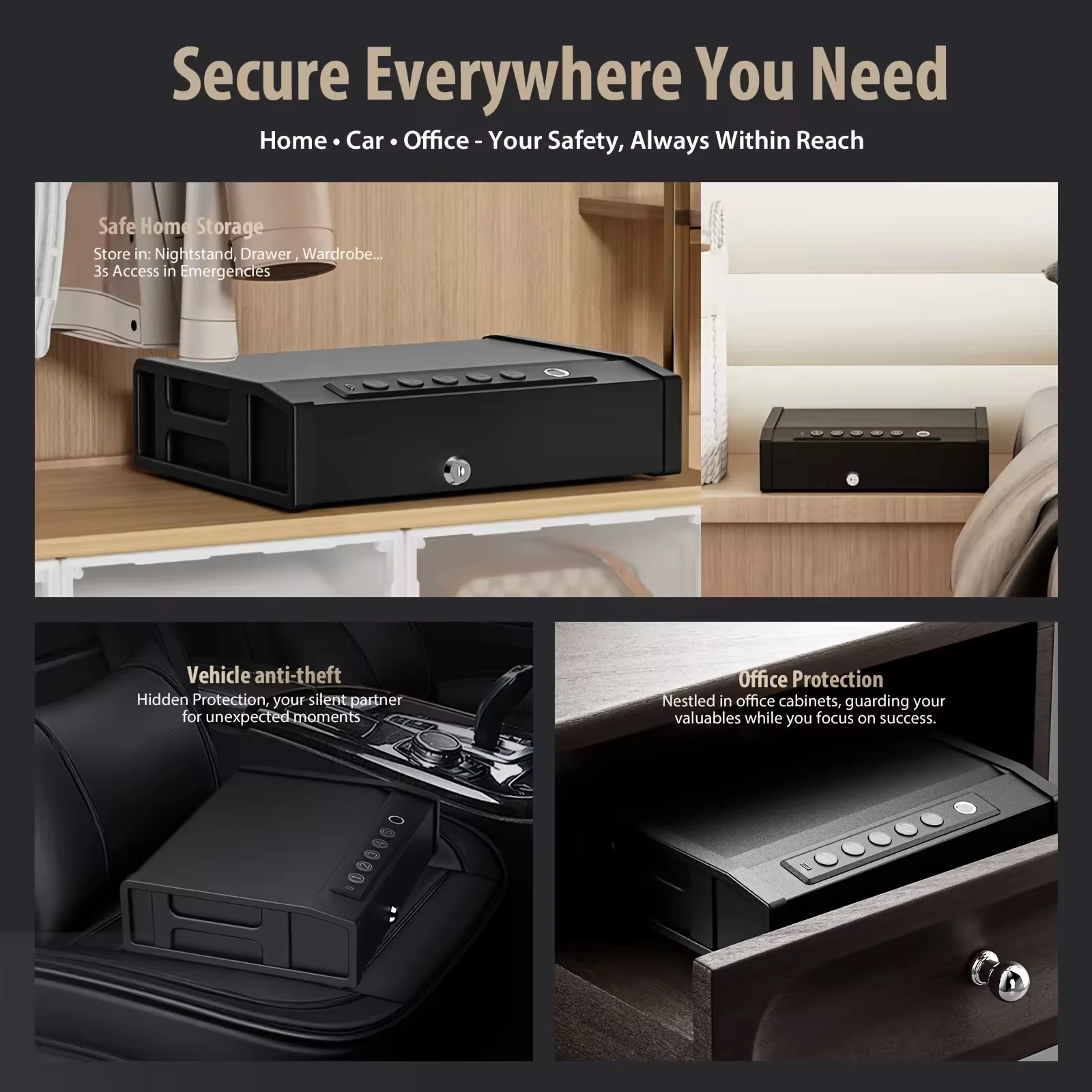 High-security Anti-Theft Fingerprint Password Safe Box Shockproof Vehicle-mounted Gun Safe for Valuables Quick Access