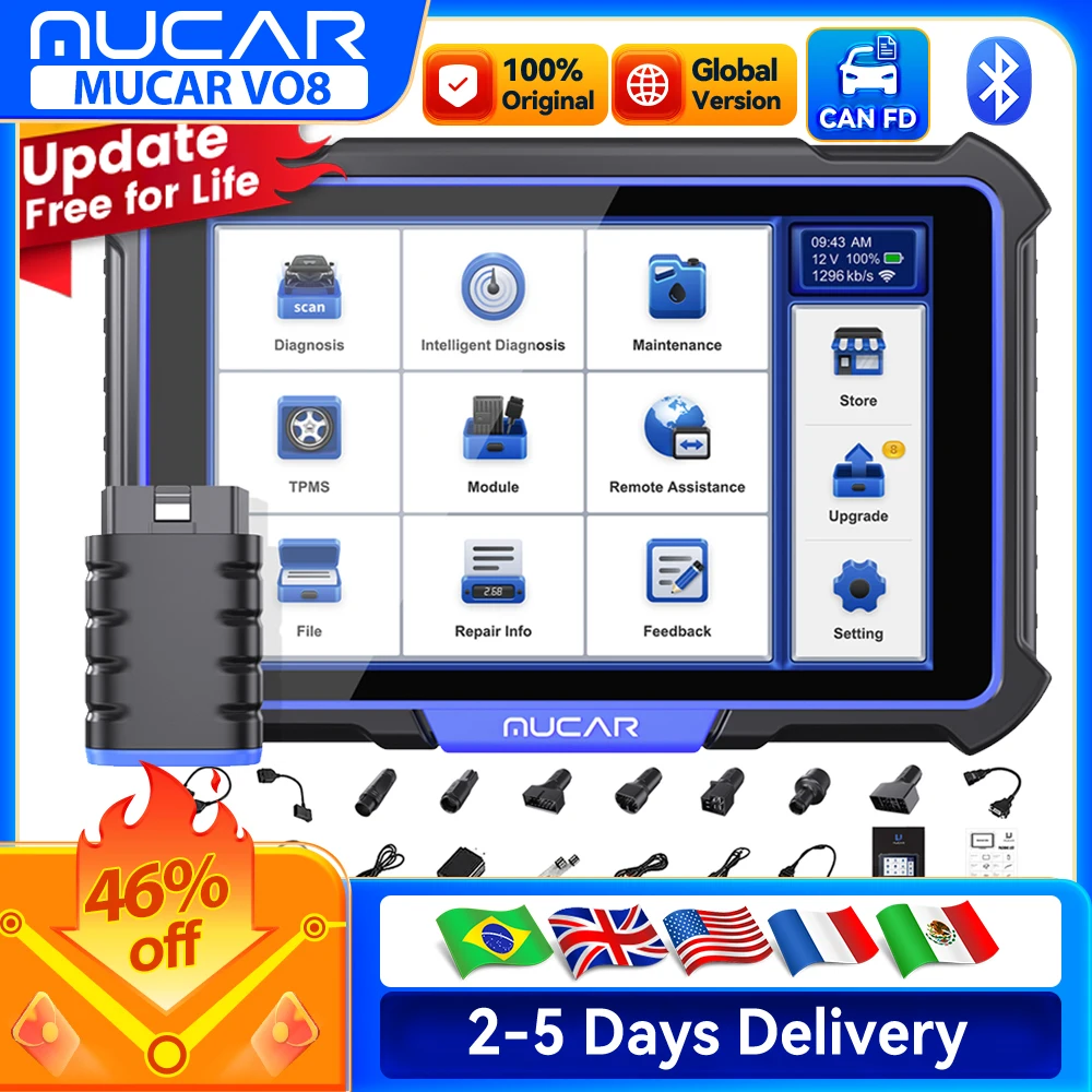 Lifetime Free Update MUCAR VO8 OBD2 Diagnostic Tool Support  CAN FD Full System Diagnosis ECU Coding Bi-direcional 34 Service