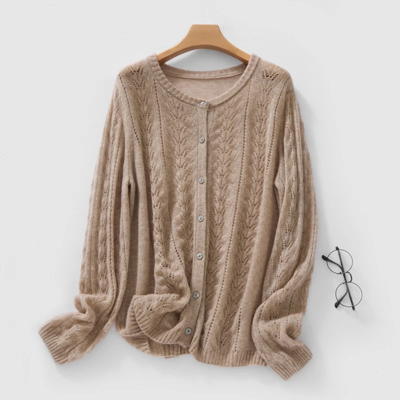 Women's long sleeved Hollow Mulberry Silk Cashmere Cardigan Sweaters Spring/Autumn Temperament Fit Solid Round Neck Knit Tops