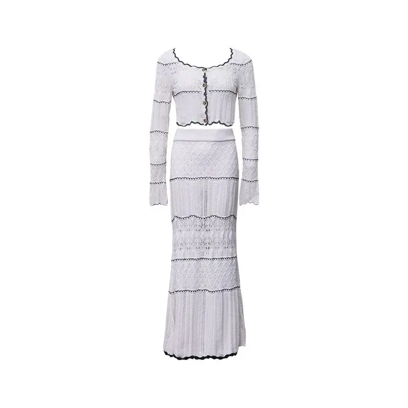 

Spring/Summer Knitwear Two piece Set Women Outfits Stylish Thin Long Sleeve Cardigan Short Top High Waist Slim Long Skirt Set