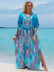 Bohemian Seaside Plus Size Print Kaftan Long Dress Sexy V Neck Loose Robe Women 2024 Summer Beachwear Swimsuit Cover-ups Q1415