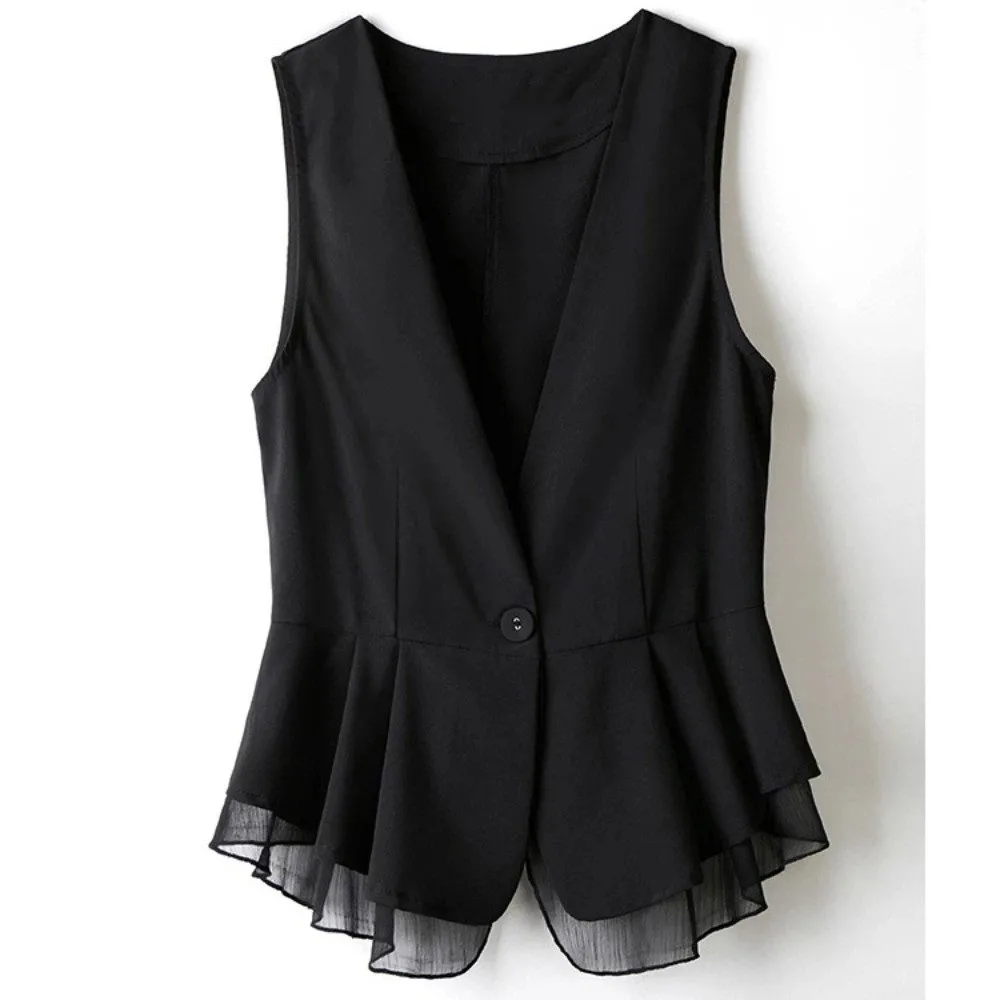 Modische V-Ausschnitt Damen Weste Top Mesh Rüschen Sommer Kurze Anzugweste Schlanke Passform Dünne Ärmellose Weste Damen/Mädchen – Detail 7