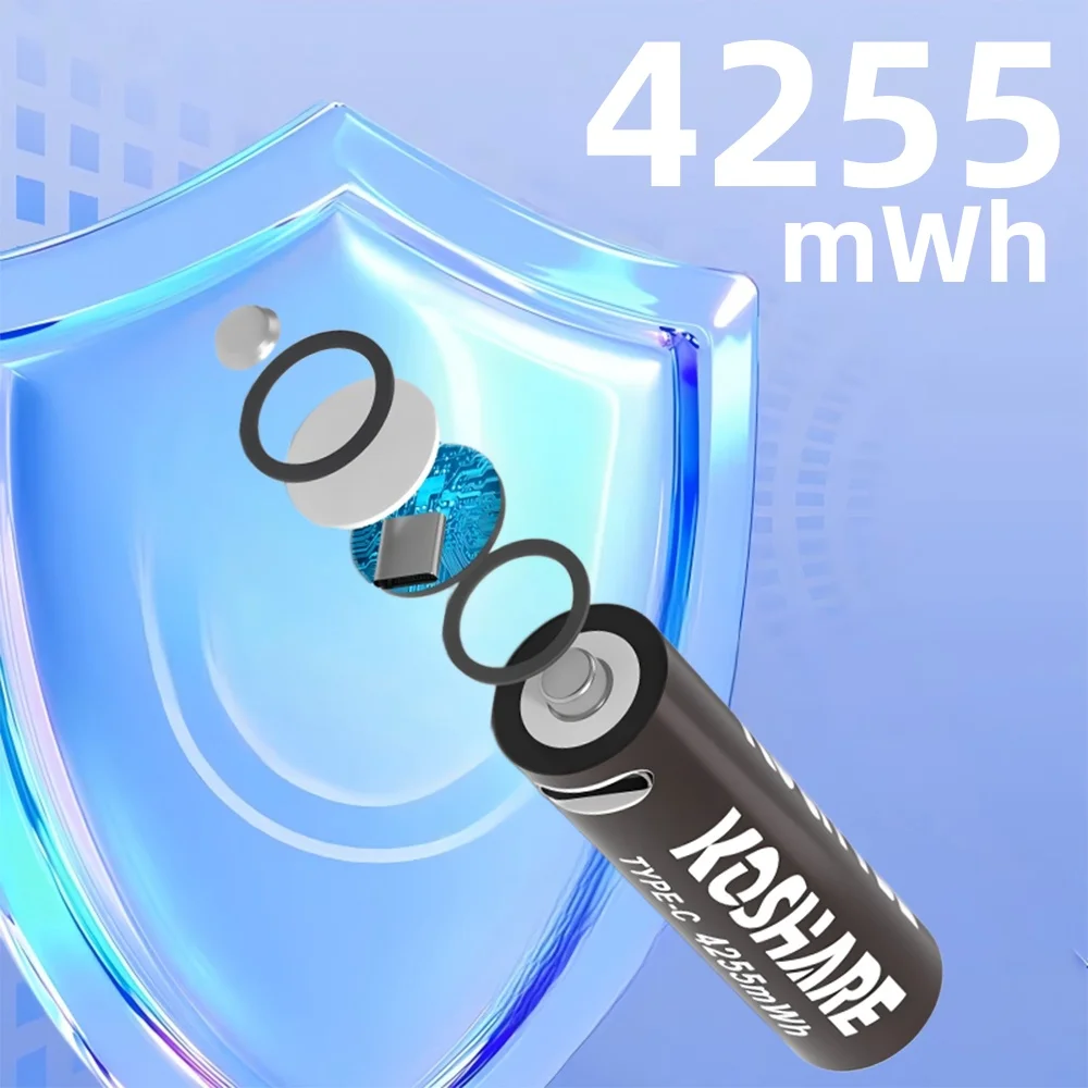 

KOSHARE AA 1.5V Li-ion Rechargeable Batteries 4255mWh Type-C Lithium AA Battery For TV remotes Flashlights Clocks+ Type-C Cable