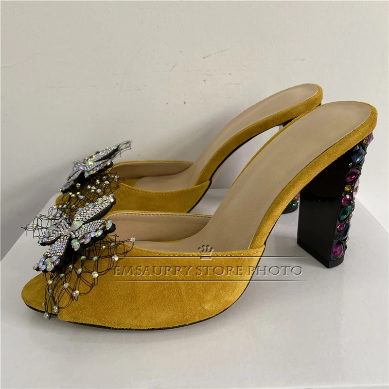 Beaded Crystal Flower Decor Sandals Women Rhinestone Embellished High Heel Luxury Suede Slingbacks Mules Summer